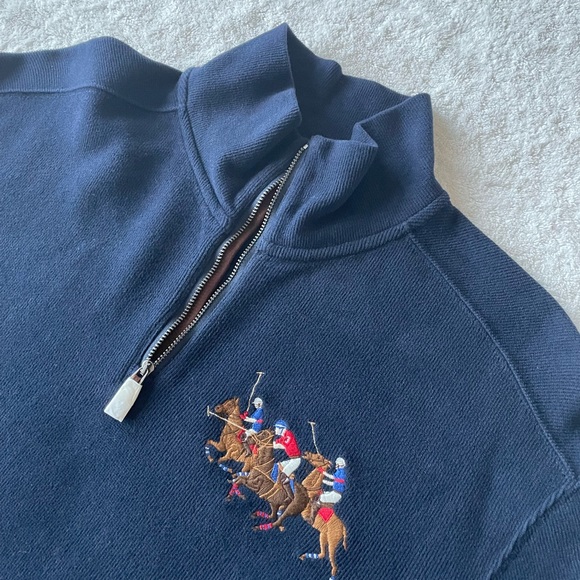 VINTAGE Mens Polo Ralph Lauren Embroidered Triple Pony 1/4 Zip Pullover, Navy - Picture 2 of 3